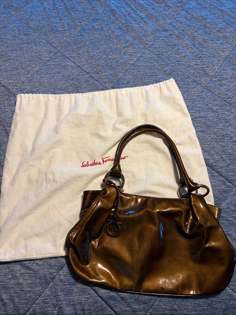 Salvatore Ferragamo Brown Patent Leather Tote with Top Handles